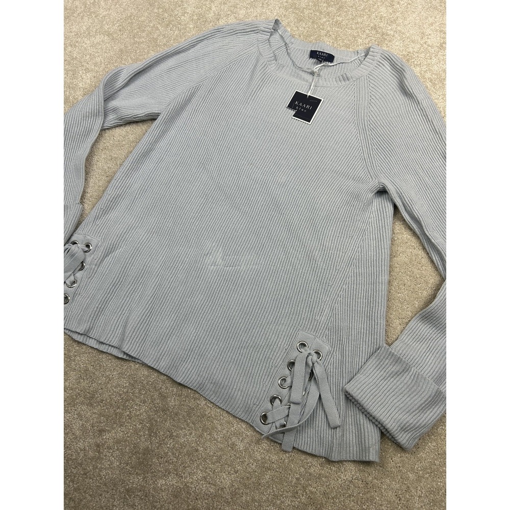 Kaari Blue Sweater Womens Large Gray Crew Neck Side Lace Up Hem Knit‎ Pullover